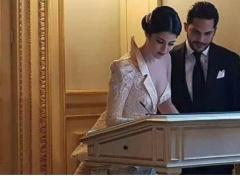 صور| فستان زفاف نجمة عربية يثير الجدل لشبهه بالبذلة الرجالية!