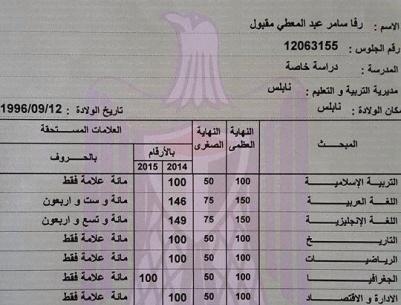 طالبة من نابلس حصلت على ” معدل 93.9 ” فلم تعجبها نتيجتها فاعادت السنه مرة ثانيه