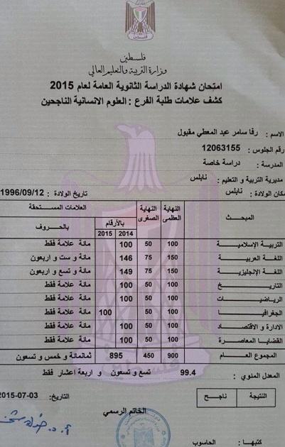 طالبة من نابلس حصلت على ” معدل 93.9 ” فلم تعجبها نتيجتها فاعادت السنه مرة ثانيه