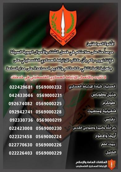 الارتباط العسكري الفلسطيني يعلن الجاهزية لاستقبال المنخفض الجوي